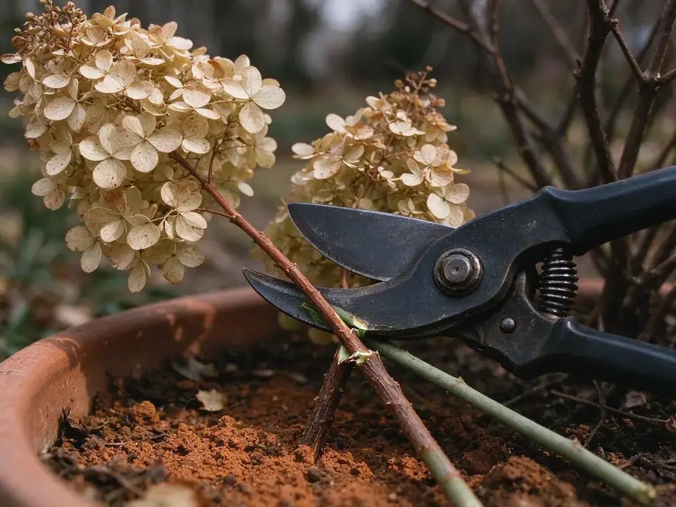 Pruning shears cutting a dried panicle hydrangea stem