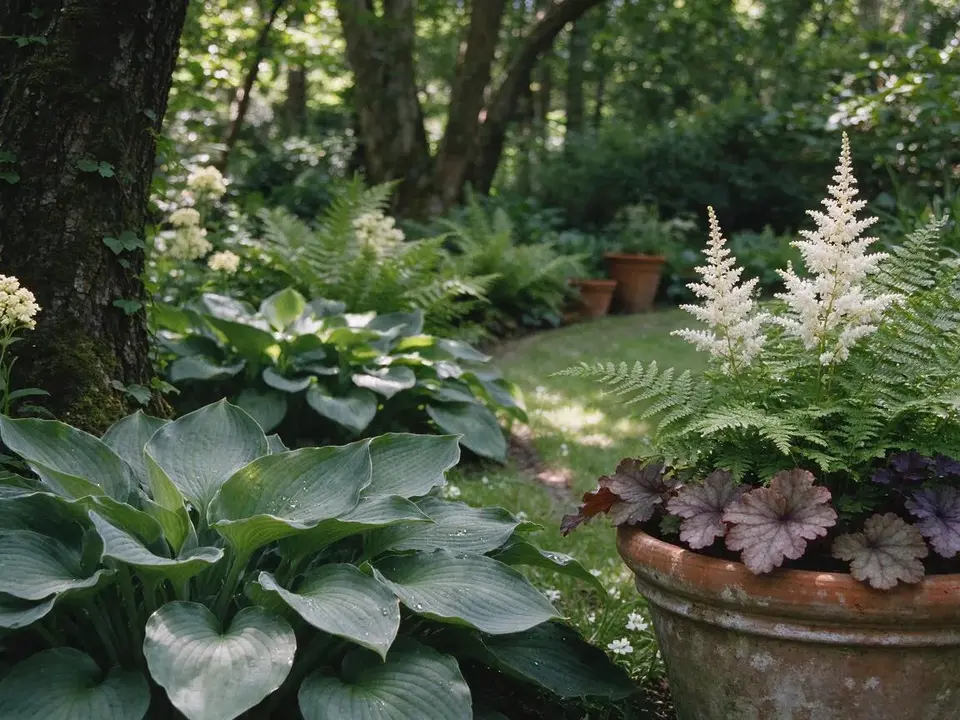 Shady corner with hostas, ferns and astilbe