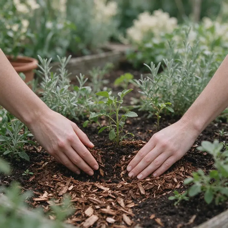 Hands spreading bark mulch around young plants