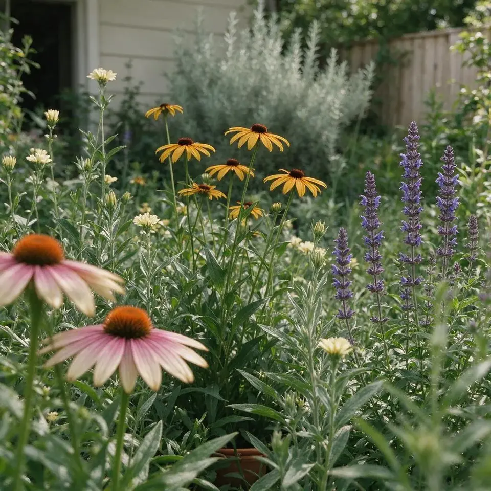 Perennial border with coneflowers and black-eyed Susans