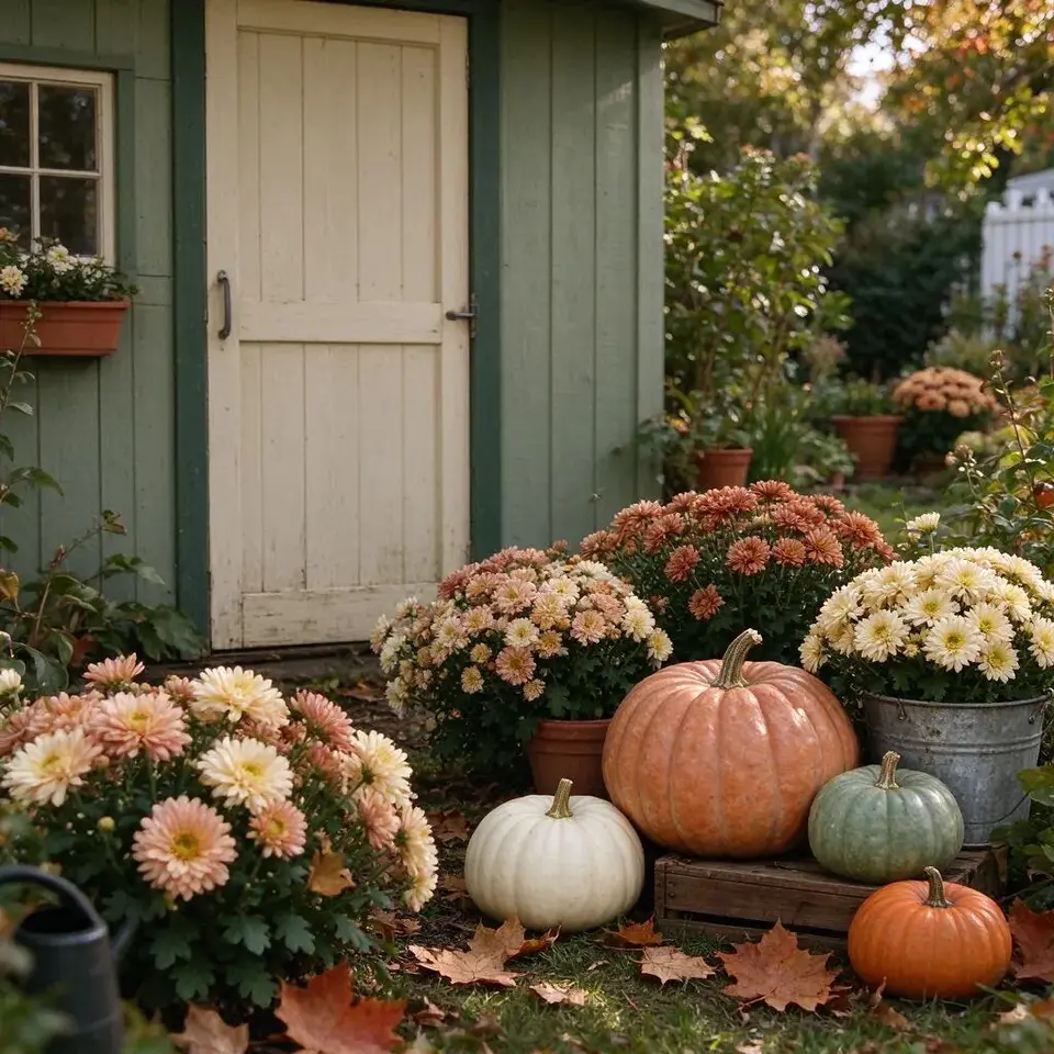 Pumpkins, mums and maple leaves by a garden shed