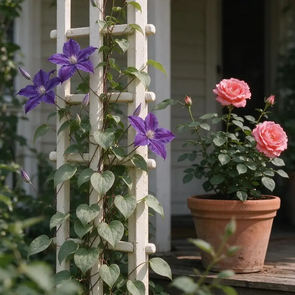 Purple clematis on a white trellis