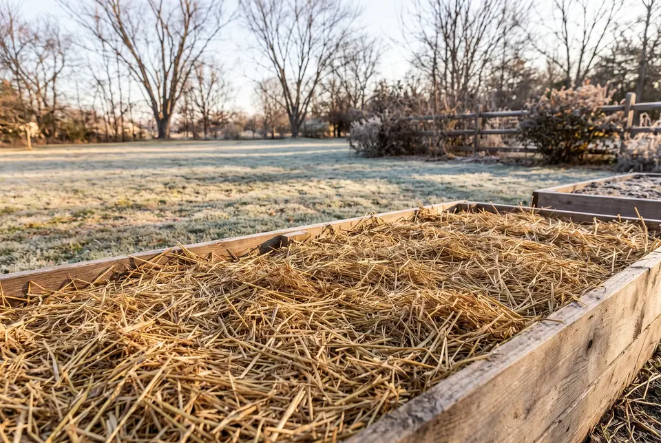 A raised garden bed covered with a few inches of golden straw mulch on a frosty late-autumn morning