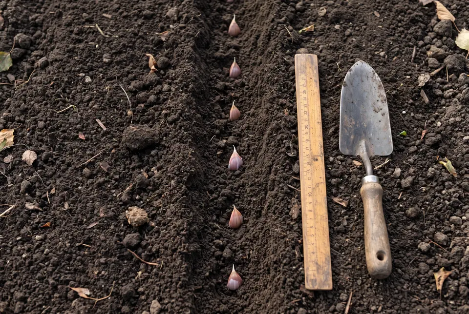 Garlic cloves spaced evenly in a planting row, a wooden ruler and a hand trowel lying on the soil beside them