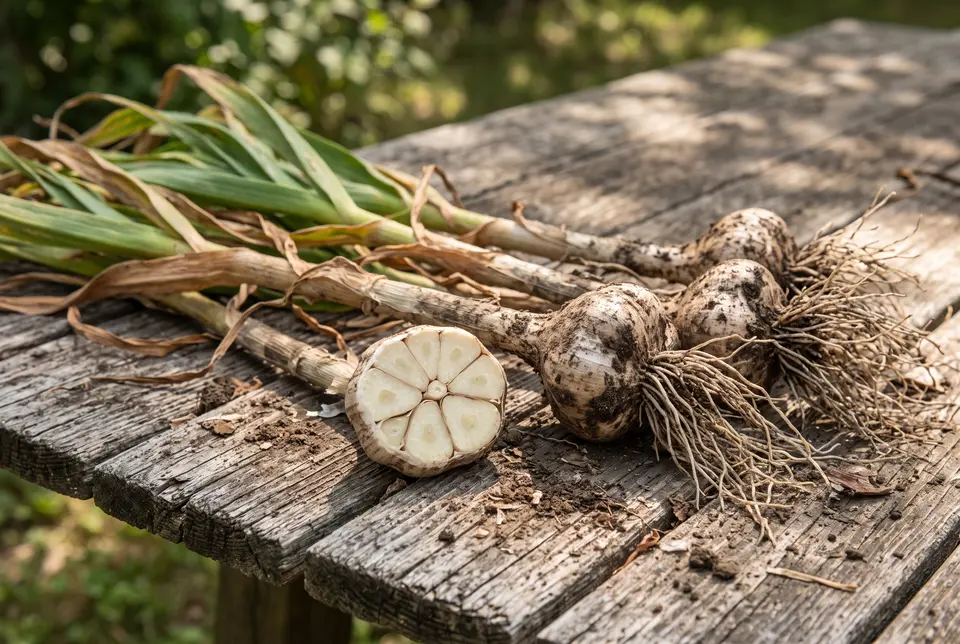 Freshly lifted hardneck garlic on a weathered wooden table, lower leaves brown and upper leaves green, one bulb cut across to show plump cloves