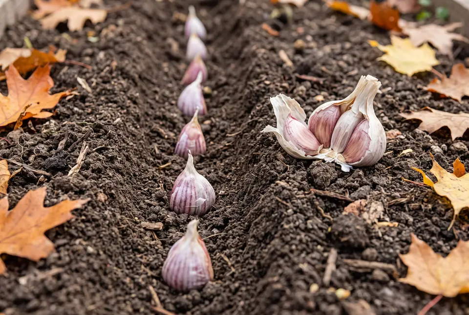 Garlic cloves set pointed end up in a furrow of dark garden soil, with a bulb broken into cloves beside them and fallen autumn leaves