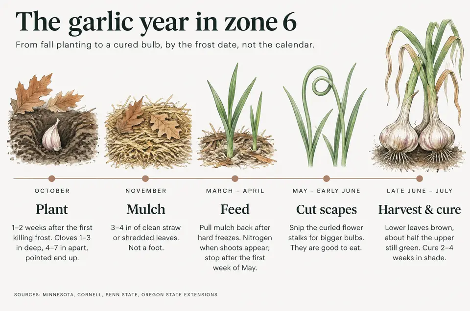 Infographic, the garlic year in zone 6: October, plant 1–2 weeks after the first killing frost, cloves 1–3 in deep and 4–7 in apart; November, mulch with 3–4 in of straw or shredded leaves; March–April, pull mulch back and feed nitrogen when shoots appear, stopping after the first week of May; May–early June, cut the curled scapes; late June–July, harvest when lower leaves are brown and about half the upper are green, then cure 2–4 weeks in shade.