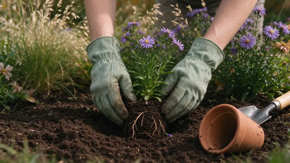Gloved hands planting an aster into dark autumn soil