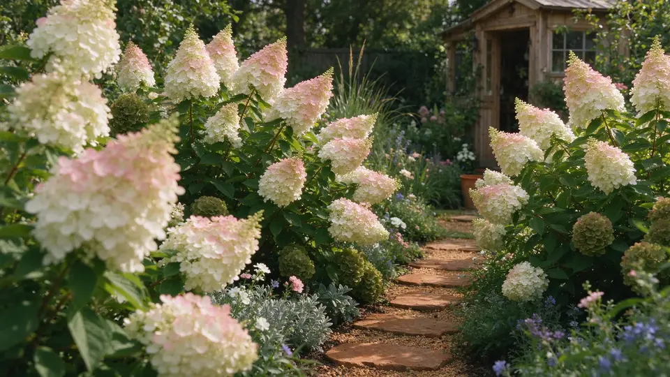 Panicle hydrangeas in bloom along a garden path
