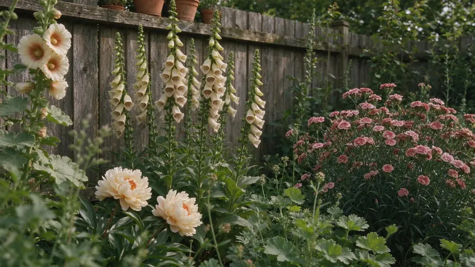 Cottage garden with hollyhocks and foxgloves by a wooden fence