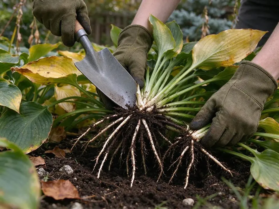 Dividing a hosta clump with a spade