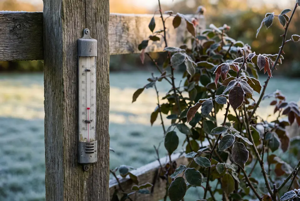 Outdoor min-max thermometer fixed to a wooden fence post beside a frost-covered rose bush on a cold October morning