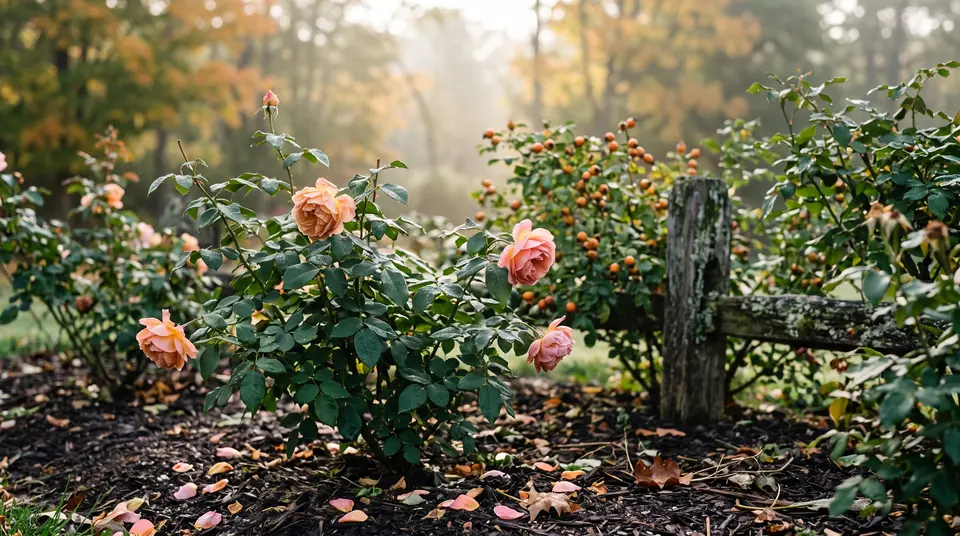 Hybrid tea rose bush with late apricot-pink blooms and fallen petals on mulch, a rose hip shrub and a wooden fence post behind it in misty October light