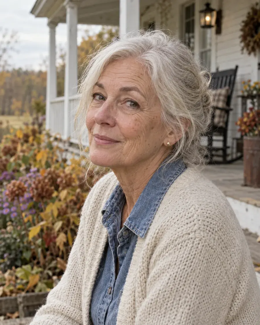 Peg on her porch in autumn, in a denim shirt and a cream cardigan