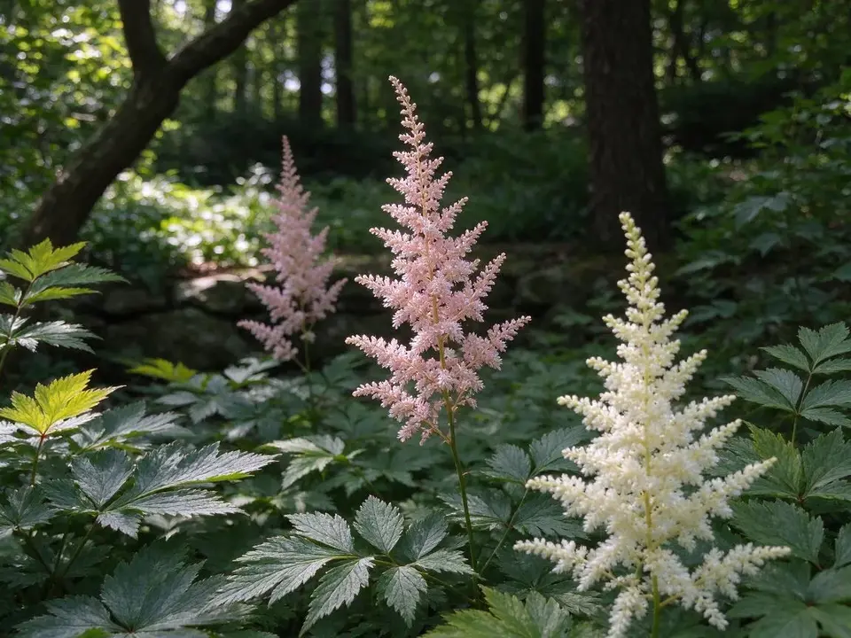 Pink and white astilbe plumes in shade