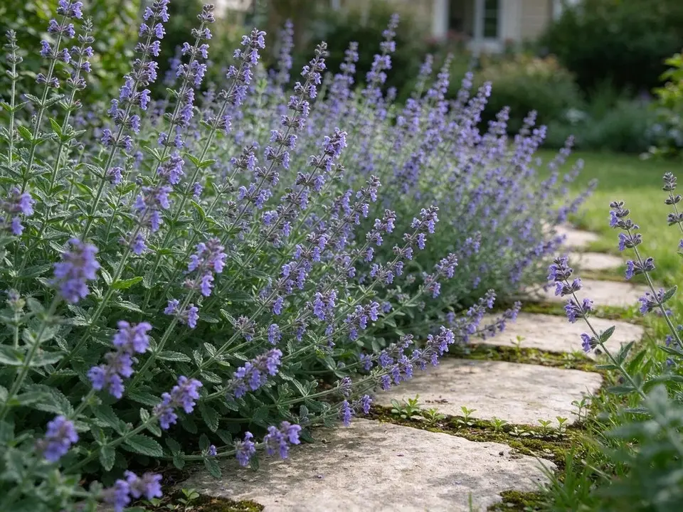 Catmint spilling over a path