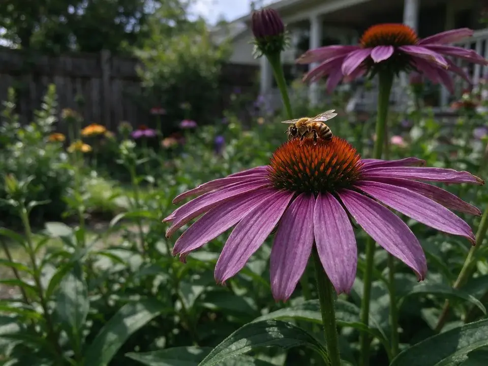 Purple coneflowers with a bee