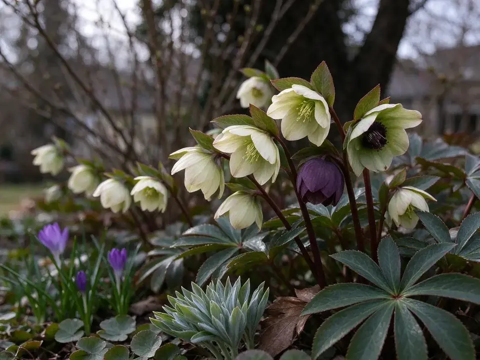 Hellebores in a winter shade garden