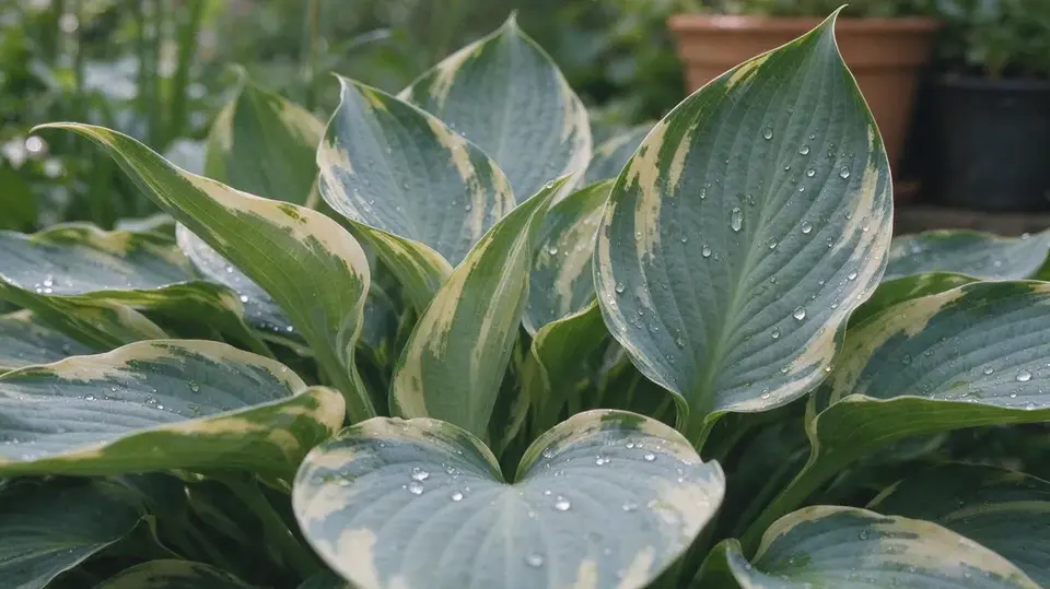 Variegated hosta leaves with water drops
