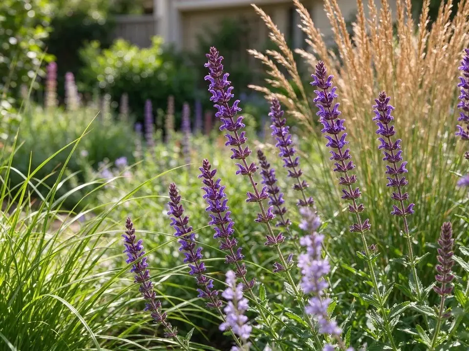 Purple salvia spikes with grasses