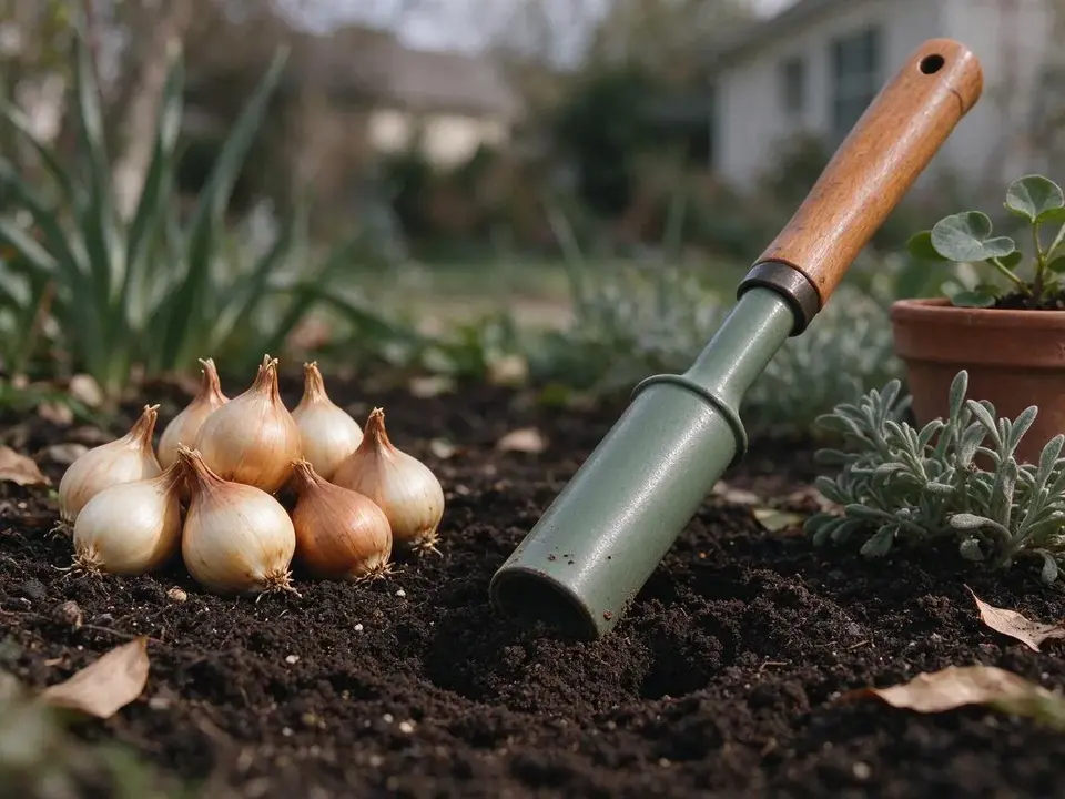 Tulip bulbs on autumn soil, ready to plant