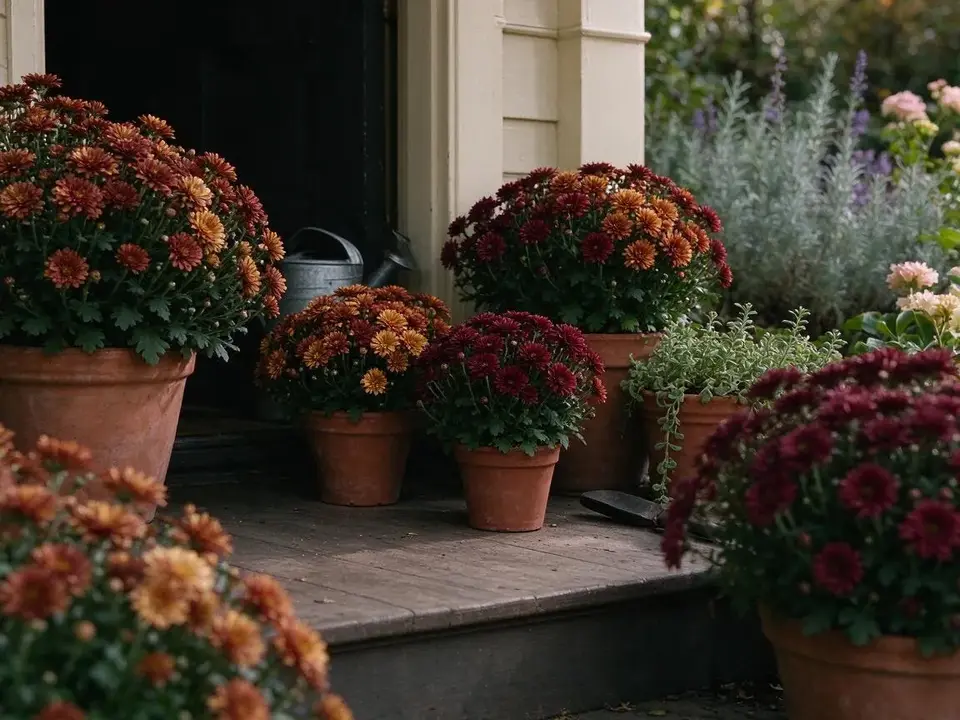 Potted garden mums on a porch step