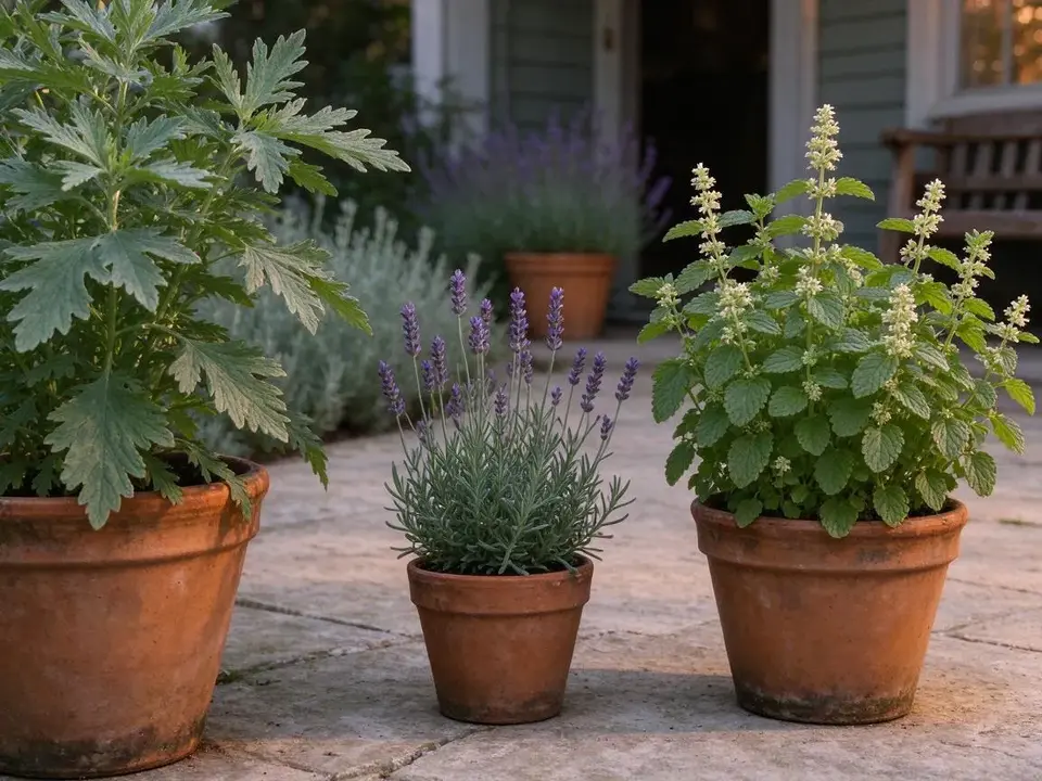 Lemon balm and lavender in pots on a patio