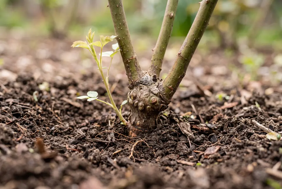 Close view of a grafted rose base: the swollen bud union with three canes above it and a thin sucker shoot growing from the rootstock below the knob