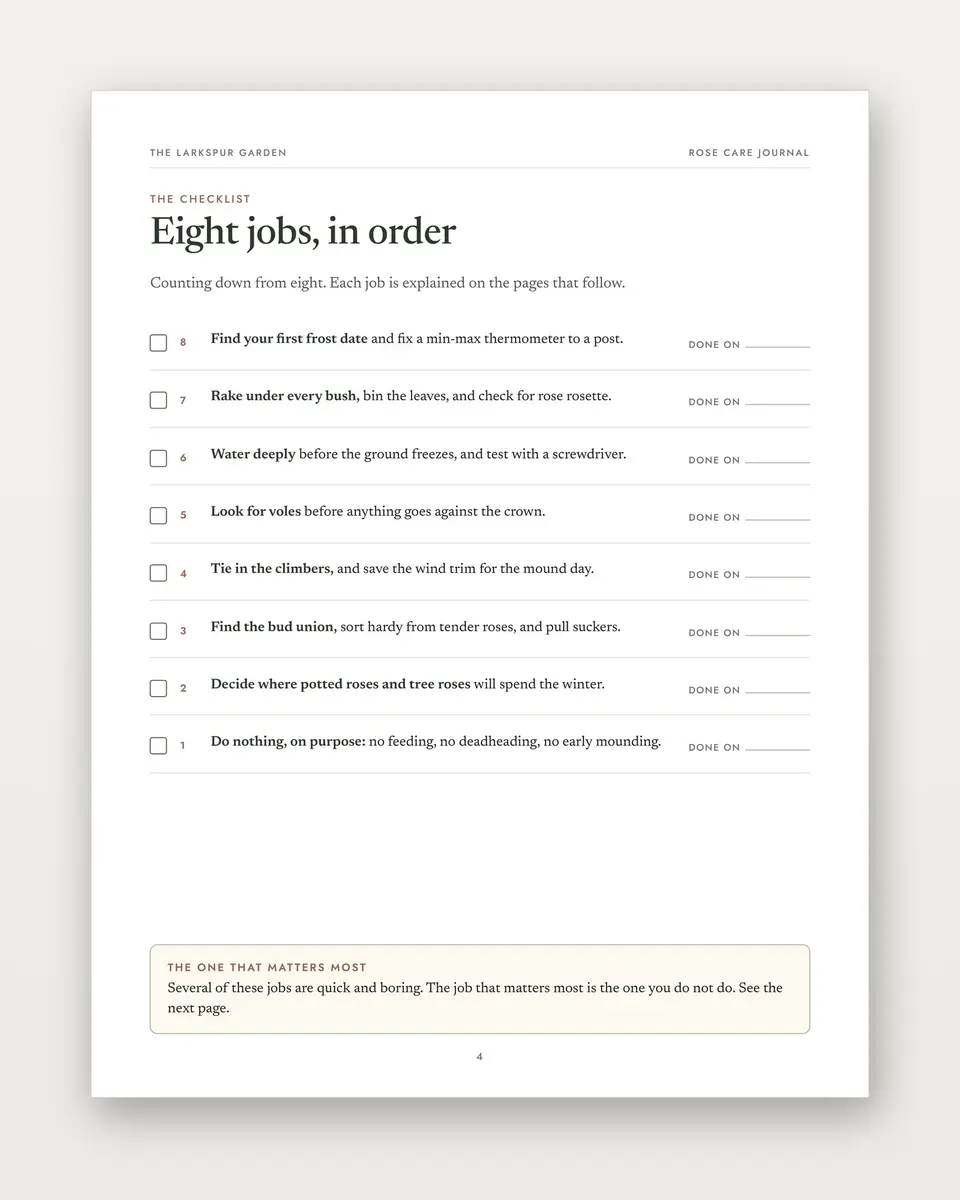 Rose Care Journal page with the eight autumn rose jobs and a date line for each