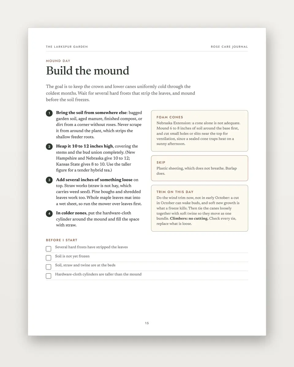 Rose Care Journal mound-day page showing how to build the mound