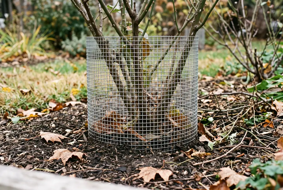 Cylinder of galvanized hardware cloth standing in the soil around the base of a rose bush, with thin mulch and a few fallen leaves outside it