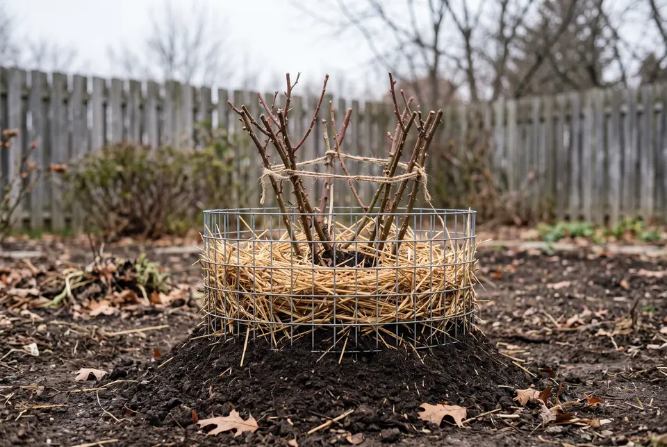 Hybrid tea rose protected for winter with a mound of soil at its base, straw on top inside a wire cylinder, and the canes tied together with twine