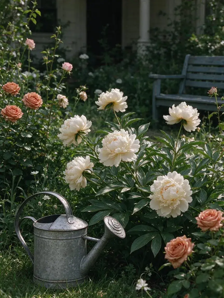 Heirloom peonies and an old watering can