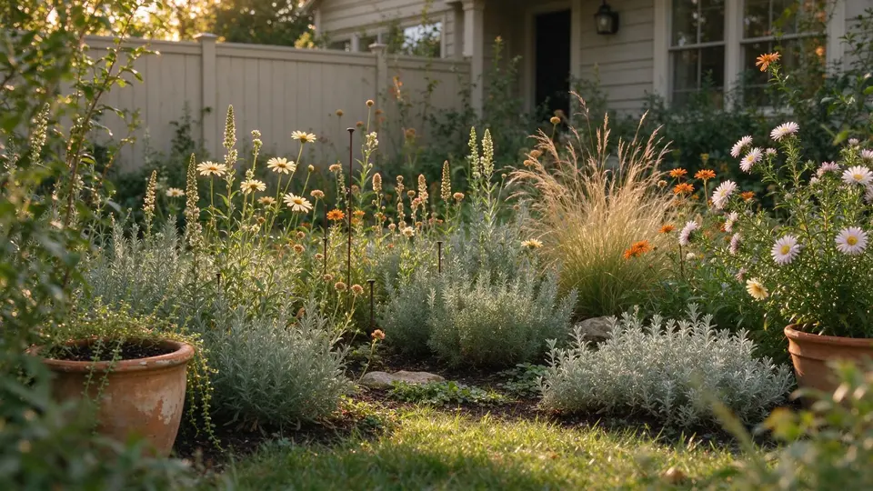 Low-maintenance perennial garden in October light