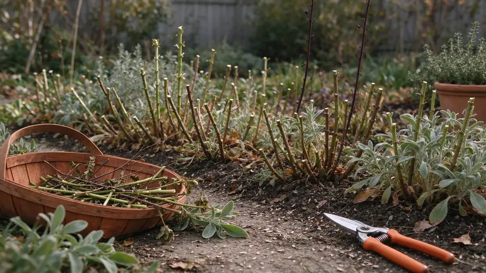 Perennials cut back for winter, with shears and a trug