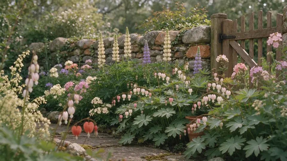 Old-fashioned flower garden along a stone wall